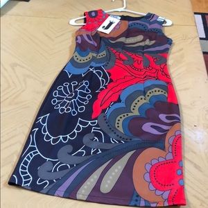 NWT geometric dress w red brown green black